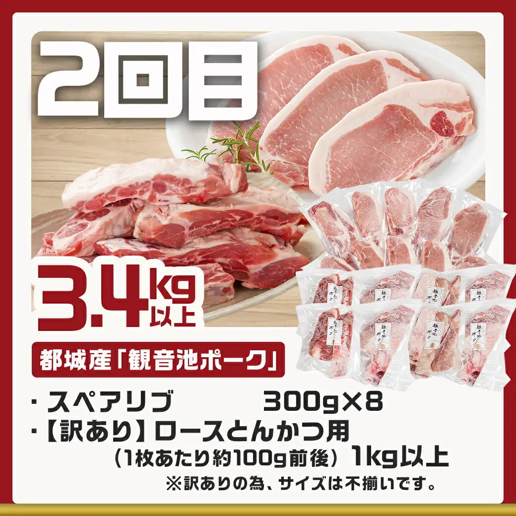 《3回連続お届け》観音池ポーク&宮崎県産豚定期便_T45-3-9201_(都城市) 都城産 観音池ポーク ロースしゃぶしゃぶ肉 肩ロースしゃぶしゃぶ肉 真空パック しゃぶしゃぶ用 ブランドポーク ミンチ スペアリブ とんかつ