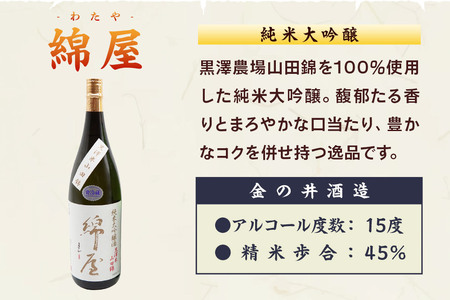 宮城・栗原の純米大吟醸「綿屋」1800ml×1本 宮城県涌谷町黒澤農場の山田錦使用