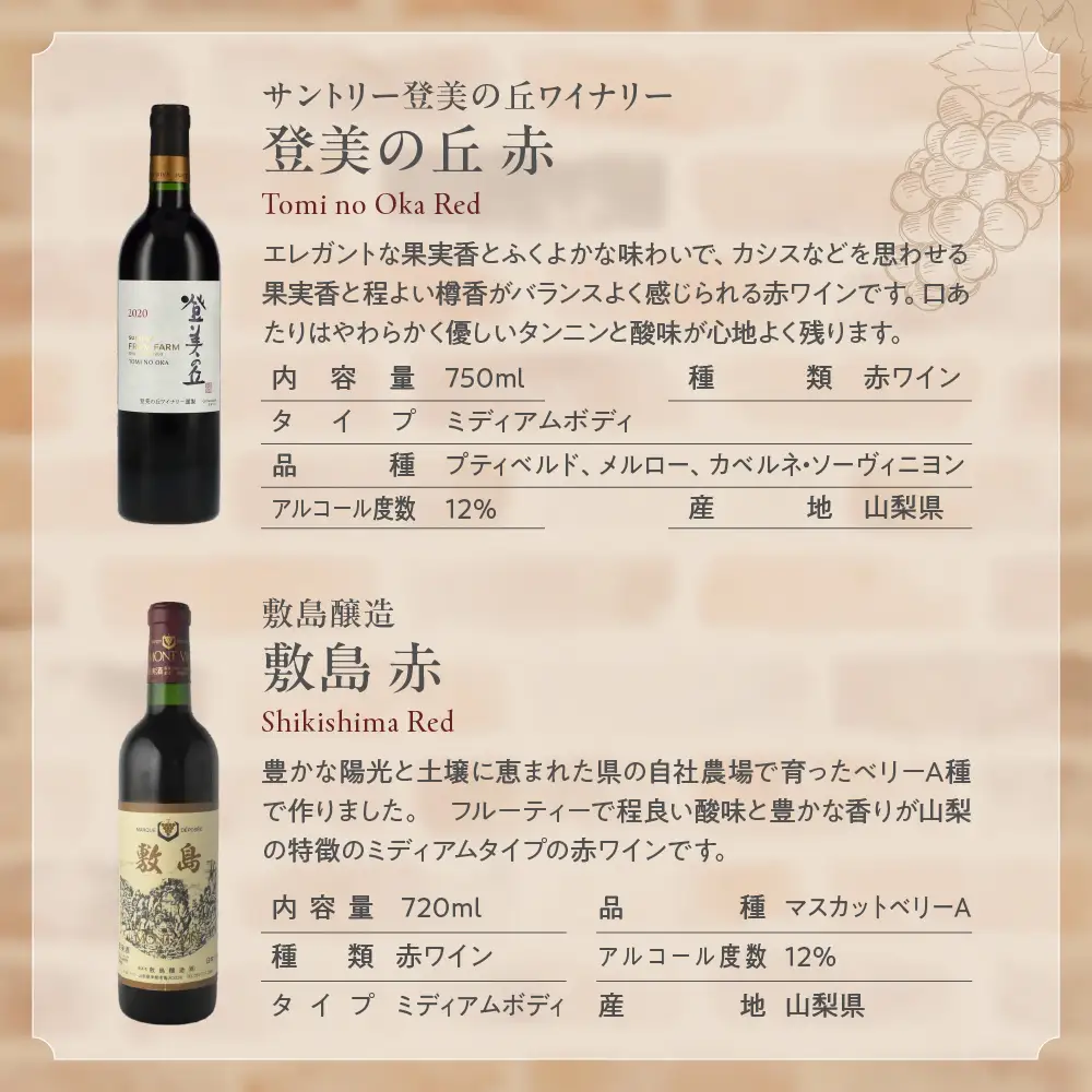 甲斐市産赤ワイン5本セット　家飲み 赤 日本ワイン 山梨ワイン 定番 テーブルワイン お酒 サントリー 甲州 飲み比べ 山梨県 甲斐市 AD-297