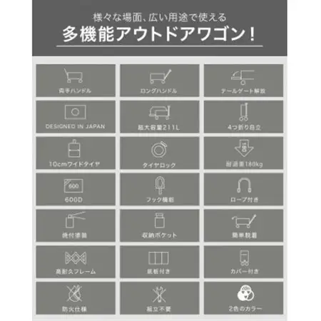 ぽんちゃん 多機能アウトドアワゴン【2Wayハンドル】(ブラック)荷室拡張 最大211L_雑貨・日用品 アウトドア用品 スポーツ・アウトドア用品 _【1568268】
