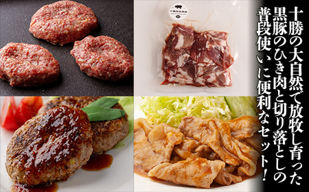 十勝鹿追町産　放牧黒豚　ひき肉＆切り落としセット（1,950ｇ）　【 人気  北海道  送料無料 】SKN018