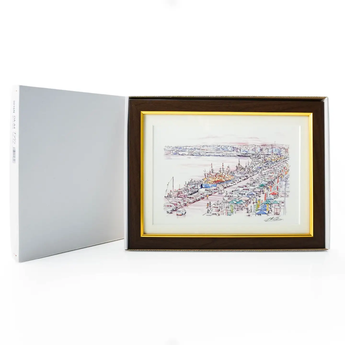 【館鼻岸壁朝市】八戸の風景 複製画 26.5×36.0×3.0 800g 風景画 額付き マット 青森県 八戸市　