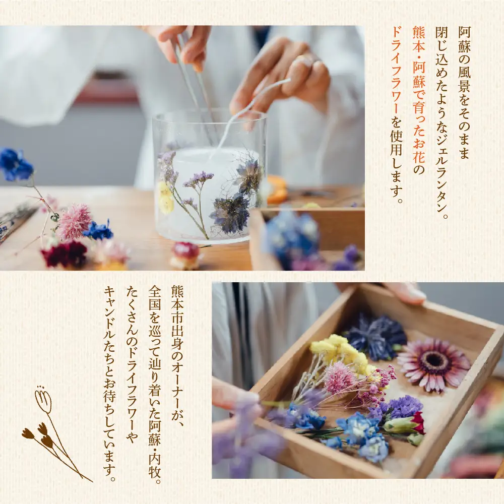 ジェルランタン制作体験 （ドーム型）1つ制作 熊本・阿蘇の草花を使ったお好きなドライフラワーをお選びいただき世界で一つだけのオリジナルキャンドルホルダー制作が出来る 熊本県 阿蘇市 ハンドメイド雑貨KHO(コウ)