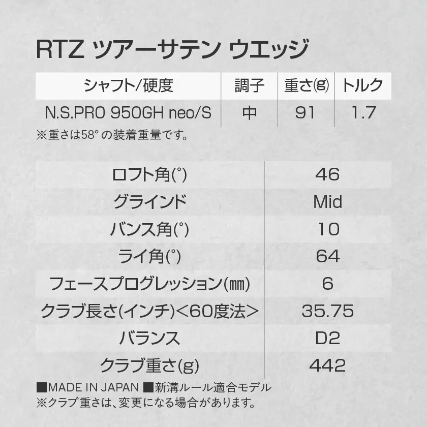 RTZ ツアーサテン ウエッジ【950GH/neo/46度/Mid/S】《2025年モデル》〔DI-C709-46M〕_(都城市) ゴルフクラブ　ダンロップ　クリーブランド　RTZ　ウエッジ　ツアーサテン　2025年モデル