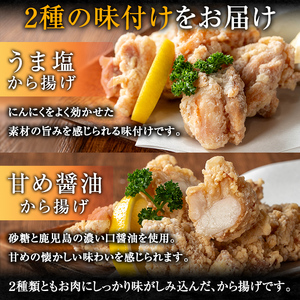 i1074 《毎月数量限定》鹿児島県産 南国元気鶏のから揚げ (計4袋 / うま塩・甘め醤油 各2袋) から揚げ 鶏肉 鶏 唐揚げ からあげ 塩味 醤油味 真空包装 冷凍 おかず 惣菜 国産 【味処 心】