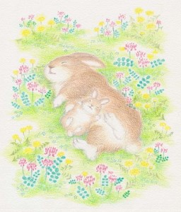 白木フレーム入り版画「お昼寝うさぎ」絵本作家おまたたかこジークレー版画