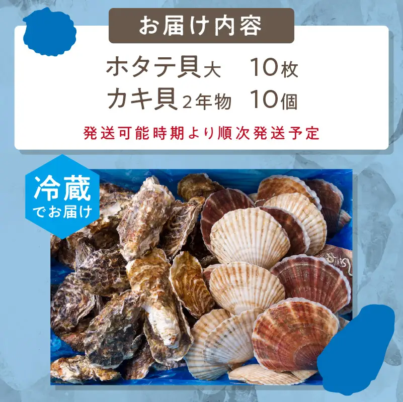 【予約：2026年11月中旬から順次発送】活ホタテ貝 大 10枚・活牡蠣 2年物 10個 ( 海鮮 魚介 貝 帆立 ほたて ホタテ カキ かき 牡蠣 セット BBQ )【114-0046-2026】