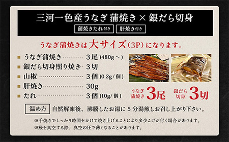 三河一色産 うなぎ蒲焼き大3尾+銀たら照り焼き3切れ（1切れ60g以上）｜ 蒲焼きたれ 肝焼き お魚 湯煎 惣菜 セット 簡単調理 冷凍 幸田町 送料無料