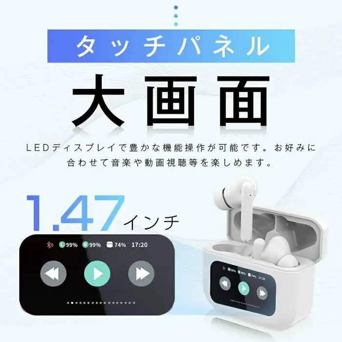 完全ワイヤレスイヤホン＜ホワイト＞Bluetooth5.4 液晶搭載ケース カナル型 TWS 片耳/両耳 ENC ノイズリダクション ANC ノイズキャンセリング アンビエントサウンド マイク内蔵 クリア 高忠実度 ステレオサウンド 臨場感 ミニサイズ 超小型 快適装着 90日安心保証付き