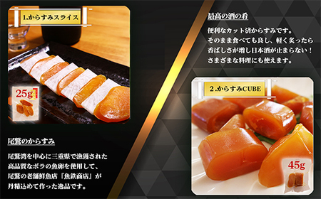 【 晩酌セット 】おつまみ４品 本からすみスライス２５ｇ ／ 本からすみCUBE４５ｇ ／ まぐろの角煮３６０ｇ ／ まぐろフレーク２７０ｇ セット 高級 国産 珍味 小分け 便利な 個包装 日本三大珍味 からすみ 酒の肴 つまみ 魚卵 日本酒 家庭用 ギフト 唐墨 魚卵 ボラ 鯔 冷凍 カラスミ 鮪 まぐろ マグロ 角煮 フレーク 長期保存 贅沢な おつまみ 三重県 尾鷲市 UO-73