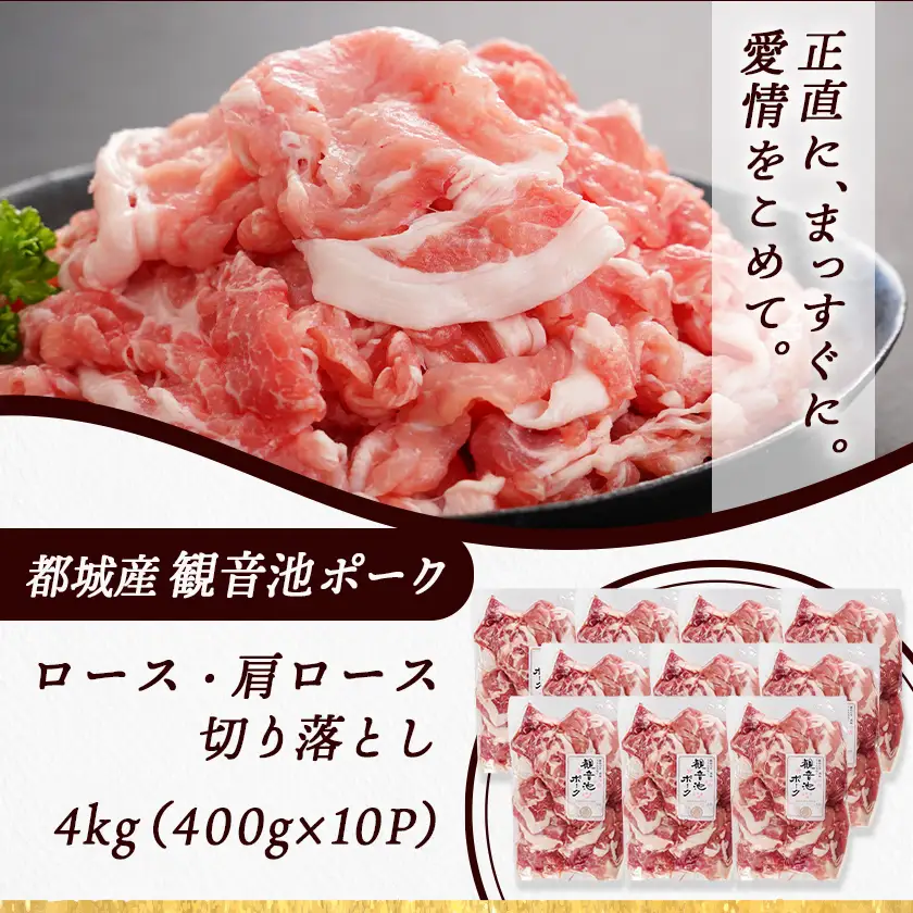 【訳あり】観音池ポーク ロース・肩ロースの切り落とし4kg〔21-1502〕_(都城市) ロース 肩ロース 切り落とし 観音池ポーク ふぞろい 訳あり品 肉野菜炒め 焼きそば 回鍋肉 豚丼 豚キムチ 煮物