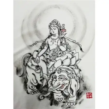 手描きTシャツ 仏画 普賢菩薩 白 (半袖 Lサイズ)【1615106】