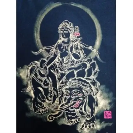 手描きTシャツ 仏画 普賢菩薩 黒 (半袖 XLサイズ)【1615124】