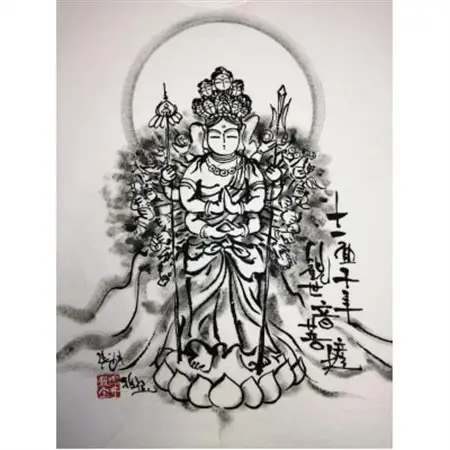 手描きTシャツ 仏画 十一面千手観音 白 (半袖 Sサイズ)【1615157】
