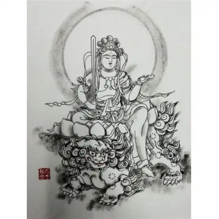 手描きTシャツ 仏画 文殊菩薩 白 (半袖 XLサイズ)【1615175】