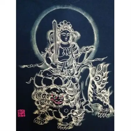 手描きTシャツ 仏画 文殊菩薩 黒 (半袖 XLサイズ)【1615179】