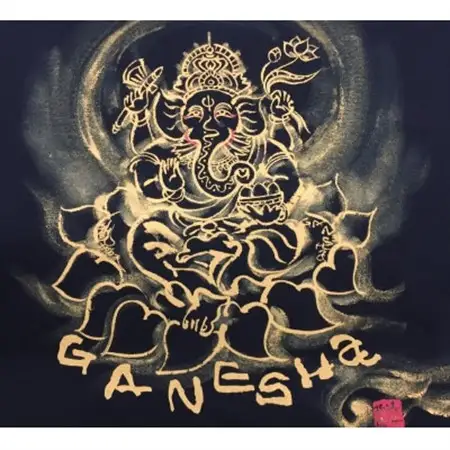 手描きTシャツ 仏画 ガネーシャ 黒 (半袖 Lサイズ)【1615518】