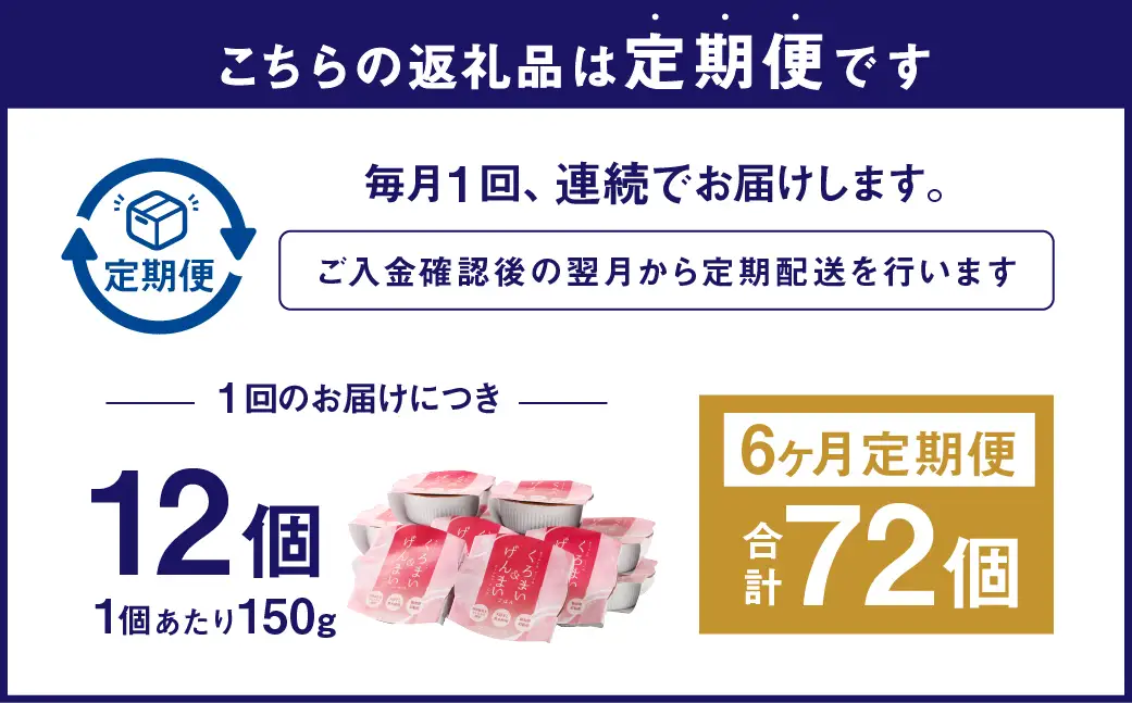 【新米受付・令和8年産米】【6ヶ月定期便】【お手軽玄米】くろまい＆げんまい パックご飯 150g 12個入り×6ヶ月（特別栽培コシヒカリを使用） 1039028N｜玄米 黒米 アントシアニン 健康志向 便利 簡単 毎月届く 新潟県 村上市