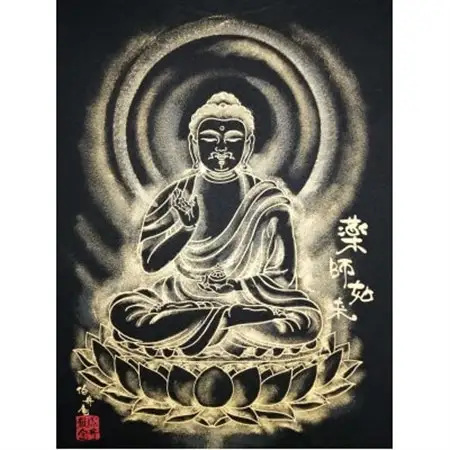 手描きTシャツ 仏画 薬師如来 黒 (半袖 Lサイズ)【1615670】