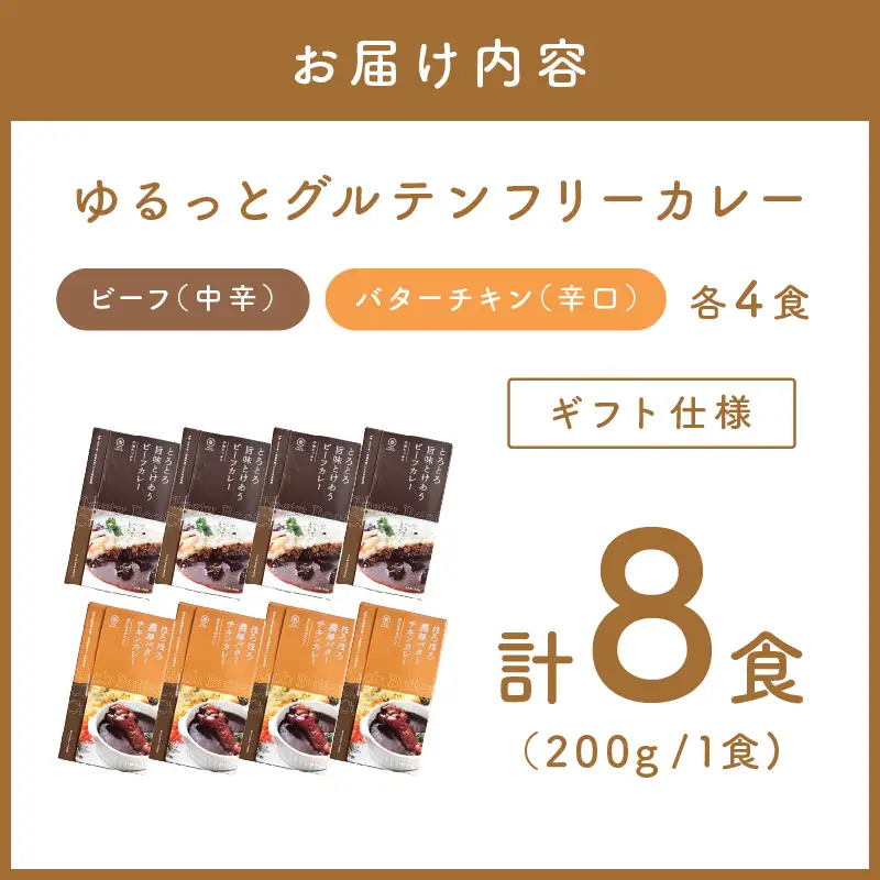 【ギフト仕様】ゆるっとグルテンフリーカレー ビーフ（中辛）チキン（辛口） 合計8食セット【092D-006】
