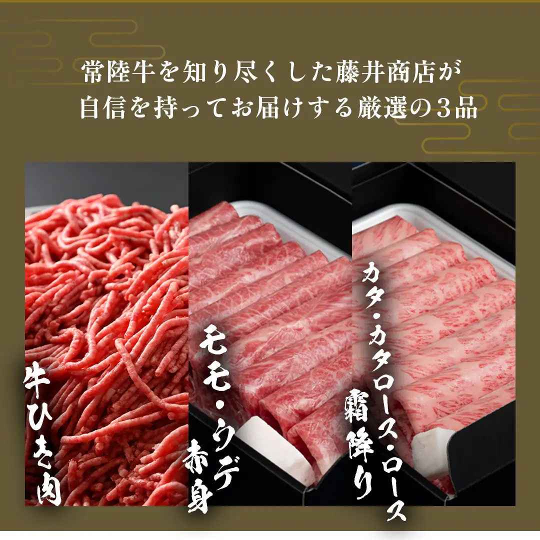 【 常陸牛 】 3ヶ月連続定期便！藤井商店で人気のお肉を毎月１品お届け (茨城県共通返礼品) 国産黒毛和牛 黒毛和牛 国産 国産牛 和牛 牛肉 お肉 お肉 肉 牛 専門店 ひたち牛 ブランド牛 A4 A5 ランク ひき肉 挽肉 ブランド 冷凍 BBQ バーベキュー 焼肉 煮込み すきやき すき焼き しゃぶしゃぶ ハンバーグ メンチカツ 藤井商店[CD085sa]