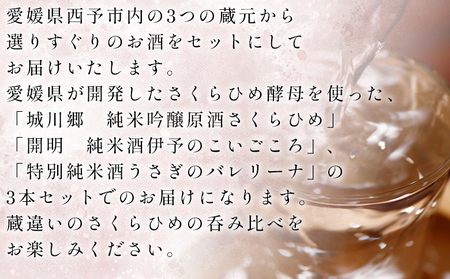 ＜西予蔵元 さくらひめ 3本セット＞ お酒 酒 飲み比べ 詰め合わせ 日本酒 地酒 ギフト プレゼント 贈答 お祝い 純米吟醸原酒さくらひめ 純米酒伊予のこいごころ 特別純米酒うさぎのバレリーナ 愛媛県 西予市【常温】OES0004