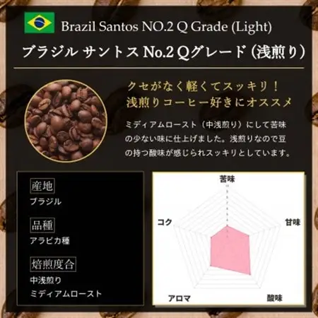 コーヒー豆 スペシャリティ Qグレード認証豆 ブラジルサントスNo.2浅煎り 1kg(500g×2)【1620921】