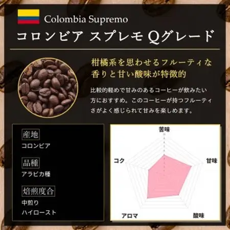 コーヒー豆 スペシャリティ Qグレード認証豆 コロンビア スプレモ 中煎り 500g【1620933】