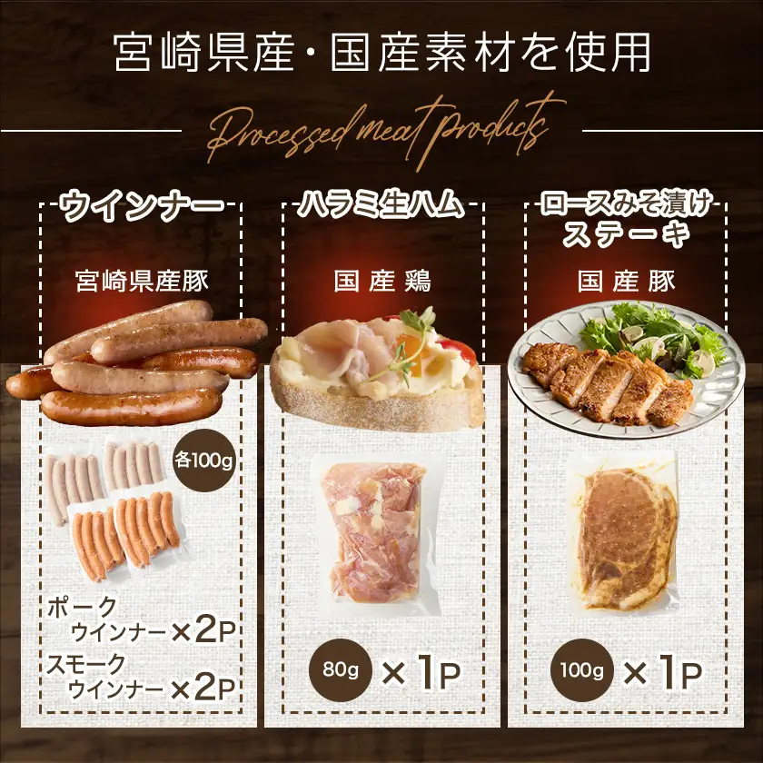 2種のウインナー&若鶏生ハム&豚みそ漬のバラエティセット【真空6パック】≪みやこんじょ快速便≫〔LG-L901-R〕_(都城市) 宮崎県産豚ウインナー ポーク スモーク 国産鶏ハラミ生ハム 国産豚ロースみそ漬け