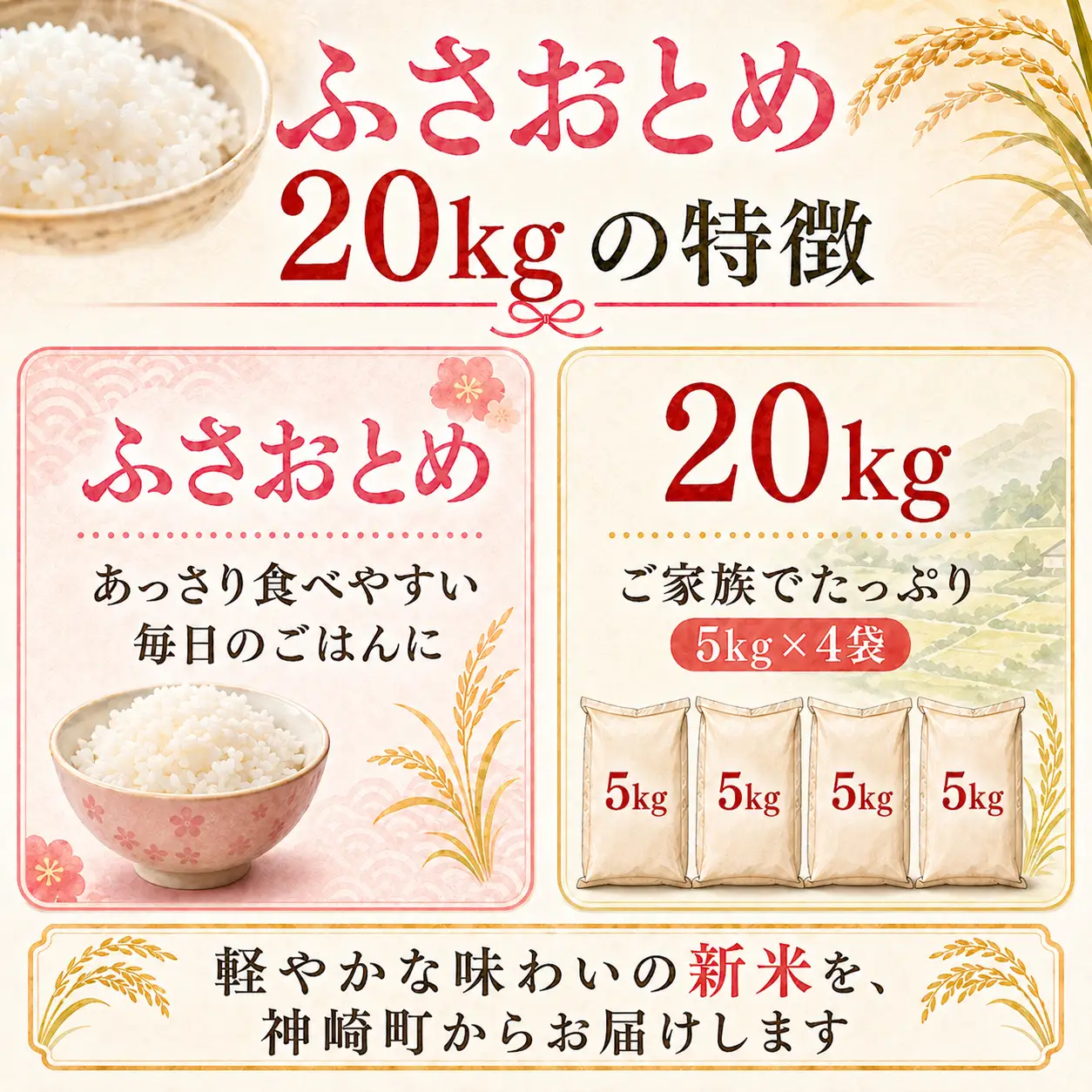 【ふるさと納税】【令和8年産 新米先行予約】米 20kg 千葉県神崎町産 ふさおとめ 白米（5kg×4袋） 早場米 あっさり 食べやすい たっぷり 家庭用 [025-a022]