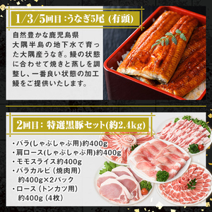 【F90004】＜定期便・全6回＞肝付町セレクト定期便《 鰻5尾と豚肉を楽しむ定期便》 鹿児島 豚肉 鹿児島県産 黒豚 鰻 とんかつ しゃぶしゃぶ ハム ウィンナー 定期便 セレクト 冷凍 冷凍食品 【株式会社きもつき未来商社そらまち】