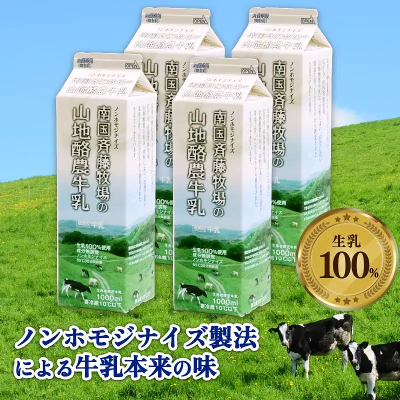 【20回定期便 週1】山地酪農牛乳1L×4本 ノンホモ製法 低温殺菌 生乳100％ 成分無調整牛乳