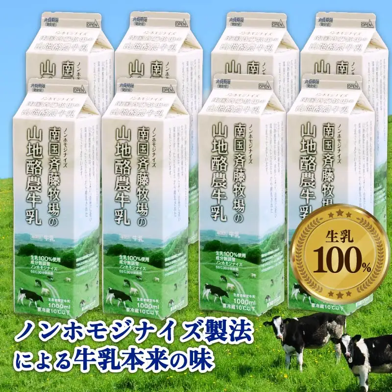 【定期便 40回 週1】山地酪農牛乳 1L×8本 低温殺菌 牛乳 南国斉藤牧場