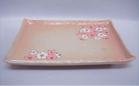 萩焼 桜散し足付角皿(皿立て付き)