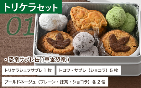 選べる恐竜スイーツ　トリケラセット　冷凍 瓶詰 プリン サブレ缶 おもちゃ 恐竜博物館 ティラノサウルス トリケラトプス スピノサウルス モササウルス 食玩 玩具菓子 きょうりゅう 男の子 プレゼント スイーツ デザート おやつ 洋菓子 永平寺町 送料無料 ダイナソー お土産 お菓子 洋菓子 ギフト　C-026004＿01