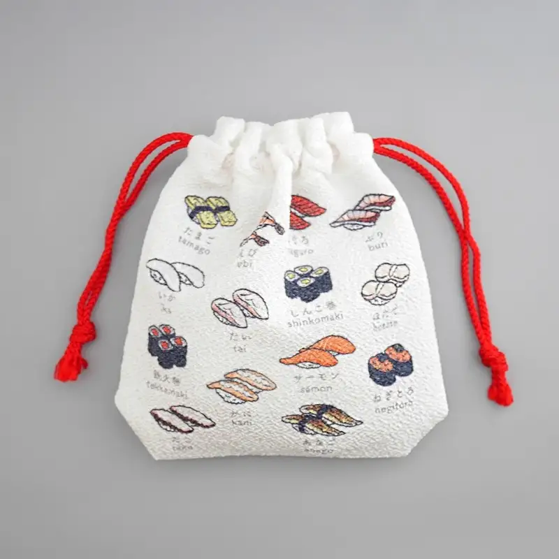 丹後ちりめん　にほんご巾着「sushi（寿司）」 サイズ：約13.5cm×17.5cm