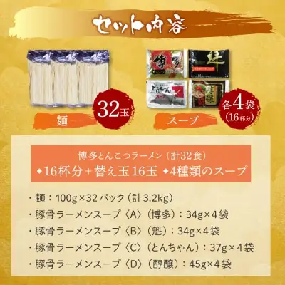 Z86-08 寄附額改定↓↓ 博多とんこつラーメン16杯分と替え玉16玉の計32食分 ラーメン