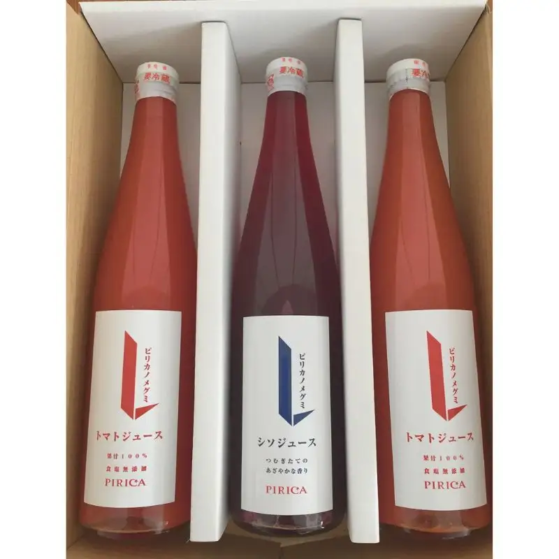 ピリカノメグミ（トマトジュース無塩 2本・シソジュース 1本） 各500ml×3本セット【ピリカ(株)】とまと 紫蘇 しそ 赤しそ ジュース 食塩不使用 濃厚 カクテル 料理 炭酸 飲料 北海道 比布町 ぴっぷ 1012-001