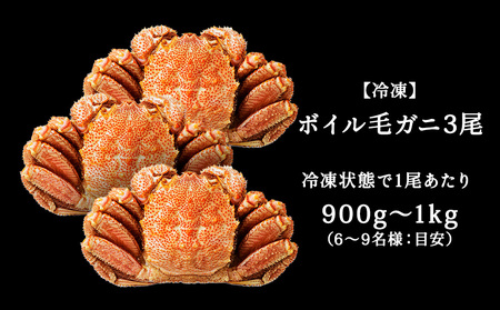 ＜ボイル済み急速冷凍＞身がパンパンに詰まった稚内産毛ガニ900g～1kg(超大サイズ)×3尾