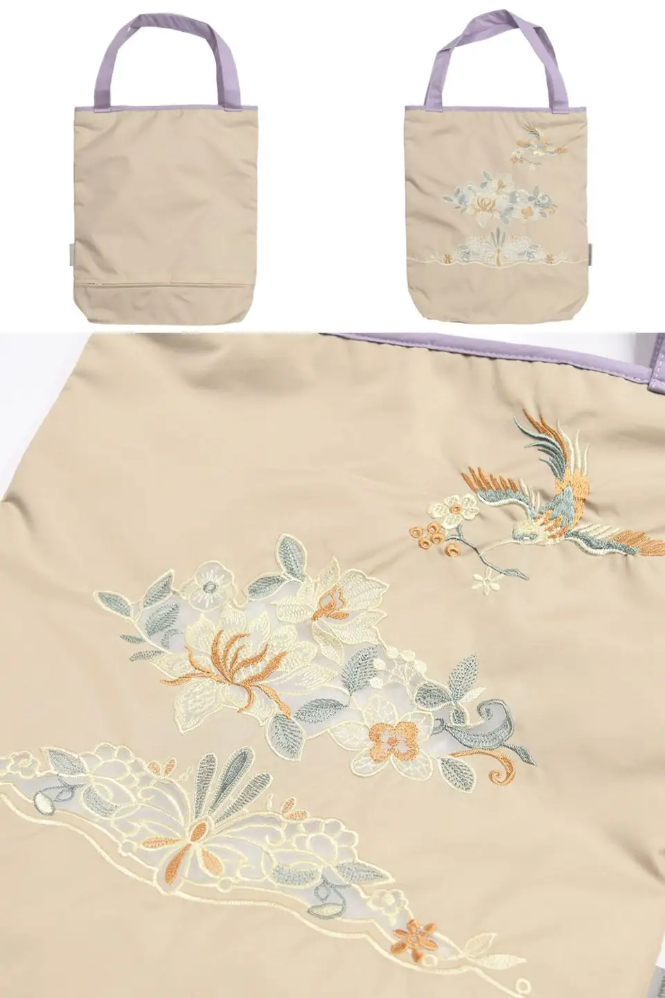 【シノワズリーモダン京都】花鳥オーガンジーカットワーク刺繍 防水・撥水トートバッグ モカ