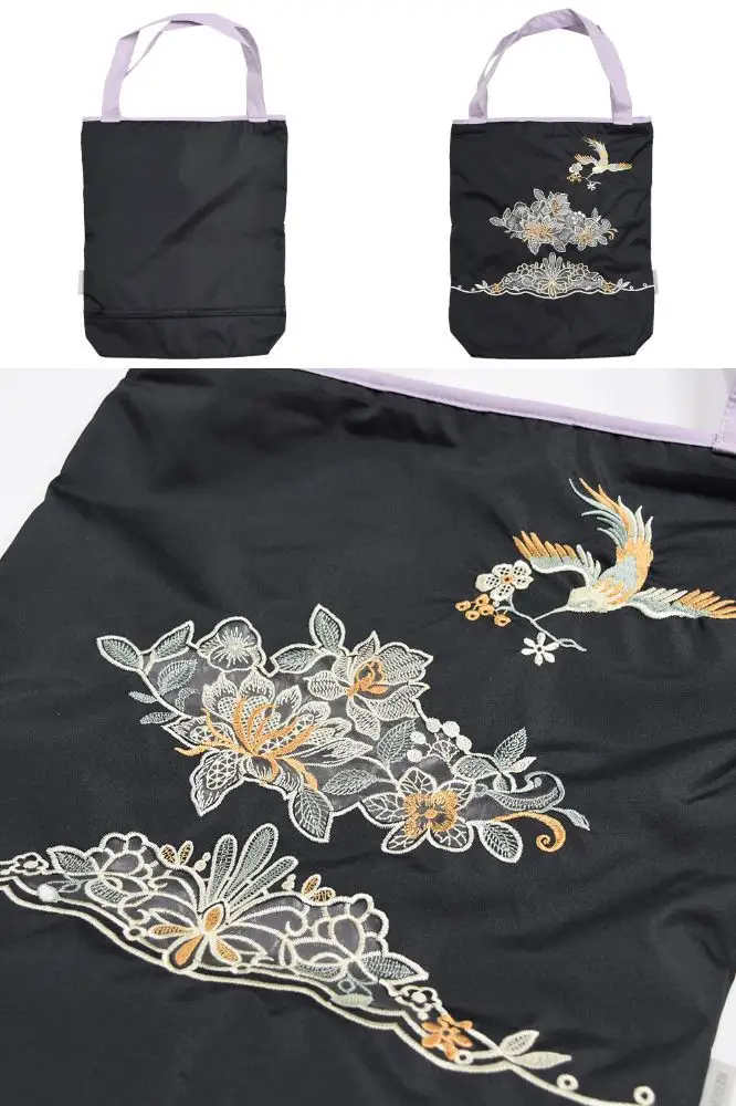 【シノワズリーモダン京都】花鳥オーガンジーカットワーク刺繍 防水・撥水トートバッグ ブラック