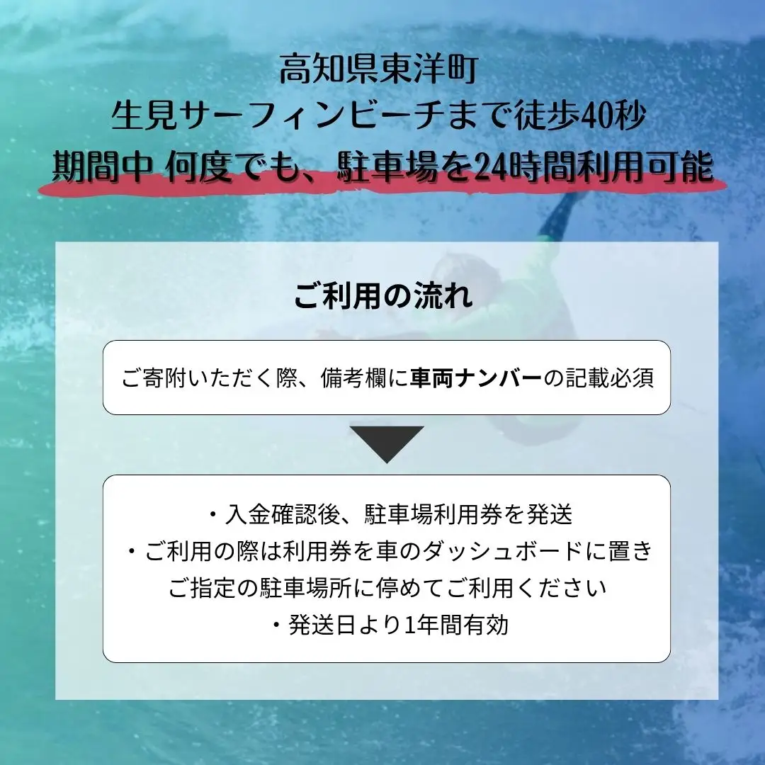 LS001 駐車場年間利用券 高知県東洋町生見サーフィンビーチ 温水コインシャワー完備 水道利用可能