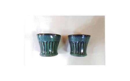 AD1　鎬手フリーカップペア【 ペアカップ カップ 湯飲み 湯呑 波賀焼 焼物 窯元 シンプル 手作り 素朴 グリーン 緑 翠 】
