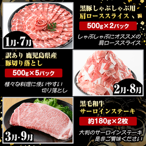 ＜定期便・全12回(連続)＞鹿児島県産 牛肉・豚肉 詰め合わせ (総量13.7kg以上) 国産 鹿児島県産 黒豚 しゃぶしゃぶ 肩 ロース スライス 訳あり 切り落とし 黒毛和牛 サーロイン ステーキ 黒豚 バラ 経産牛 カタ ウデ 小分け セット 【スターゼン】akn042-34