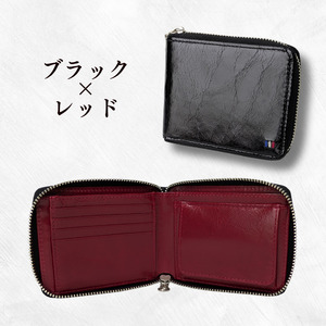 牛革　二つ折りファスナー財布　ステッチC（ブラック×レッド） ／ 財布 サイフ さいふ 二つ折り財布 イタリア 革 革製品 牛革 レザー 革小物 クラフト 送料無料