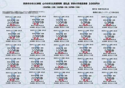 奈良大学 食堂チケット（3,000円分） 食券 10-229