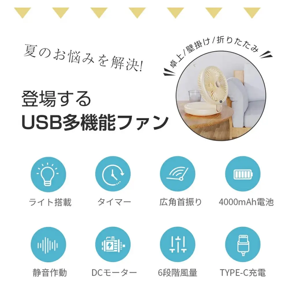 【ホワイト】扇風機 多機能 デスクランプ ファン 卓上 壁掛け 2WAY仕様 5枚羽根 6段階風量調節 自然風 小型 シールフック付き ストラップ付き 折りたたみ式 LEDライト 3段階明るさ調節 静音 USB充電式 残電量表示 暑気払い 低騒音 90日間保証付き 日本語取扱説明書