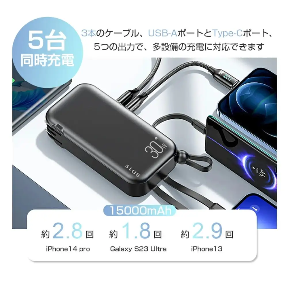 【ブラック】モバイルバッテリー ACアダプター 15000mAh 55.5Wh 防災電源 コンセント一体型 Type-C出入力ポート+USB出力ポート+3本ケーブル内蔵 5台同時充電 PD20W 折りたたみ式プラグ iPhone/iPad/Android各機種対応 90日安心保証付き PSE認証済