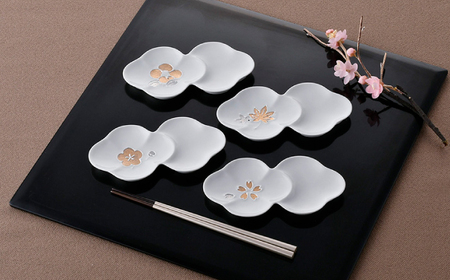【陶器市特集】【波佐見焼】小分け花皿 4枚セット 金彩銀彩 桜・紅葉・椿・梅 【重山陶器】[ZB28]