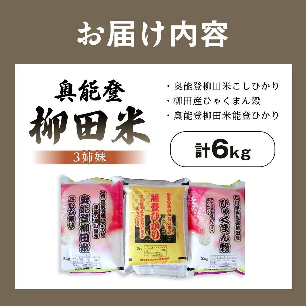 【復興支援】【令和7年度産】奥能登柳田米3姉妹（奥能登柳田米こしひかり・柳田産ひゃくまん穀・奥能登柳田米能登ひかり）計6kg